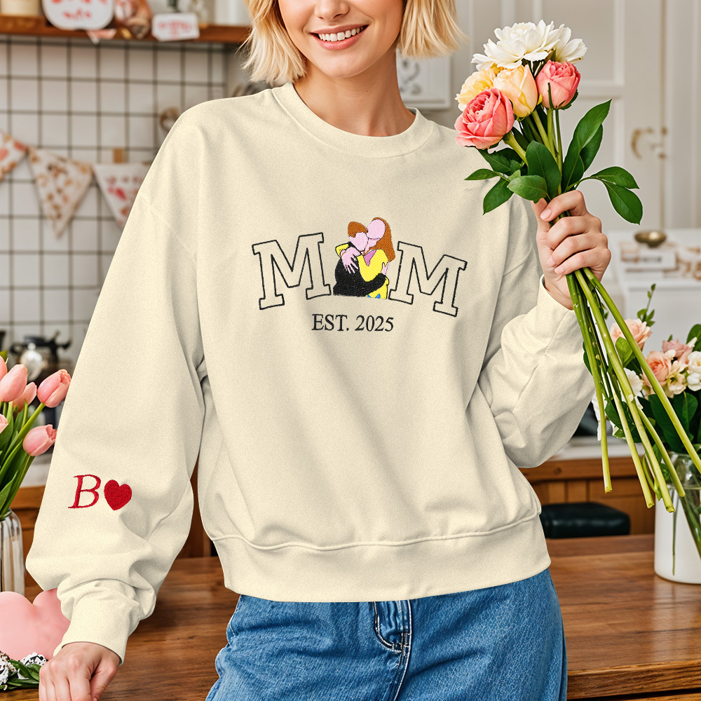 Custom Embroidered Hoodie Mama Sweatshirt with Photo Mama and Kids Portrait Varsity Shirt Mother's Day Gifts