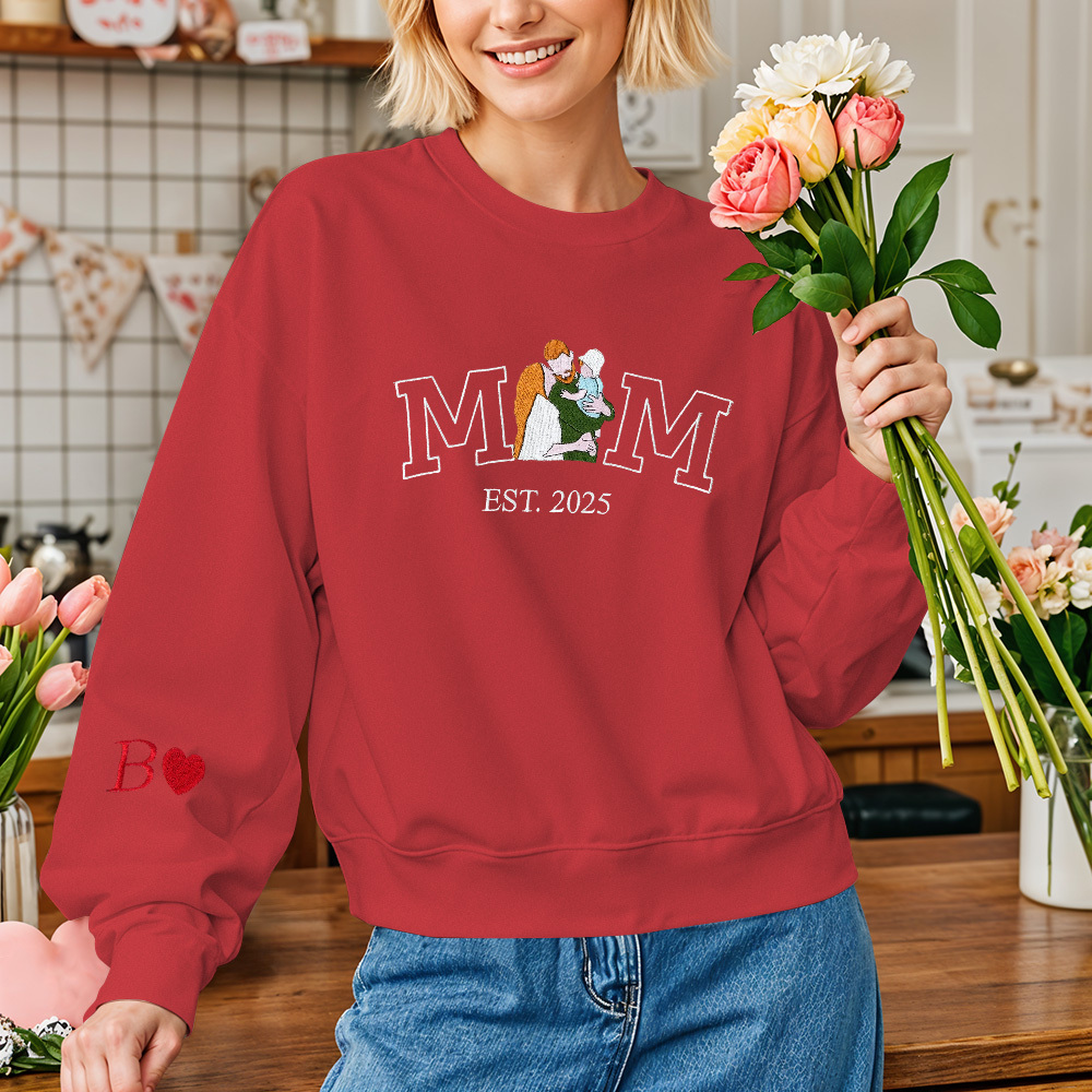 Custom Embroidered Hoodie Mama Sweatshirt with Photo Mama and Kids Portrait Varsity Shirt Mother's Day Gifts