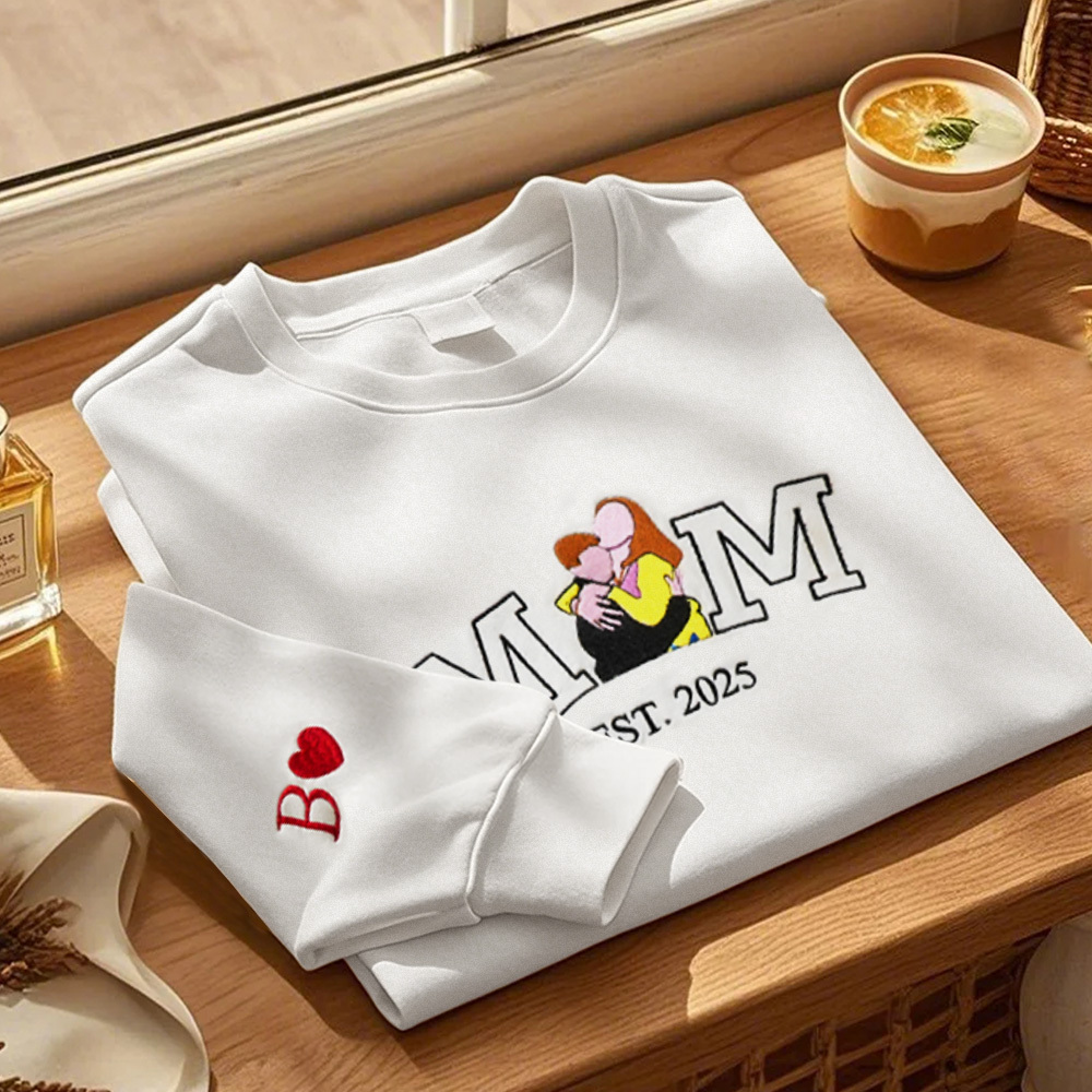 Custom Embroidered Hoodie Mama Sweatshirt with Photo Mama and Kids Portrait Varsity Shirt Mother's Day Gifts