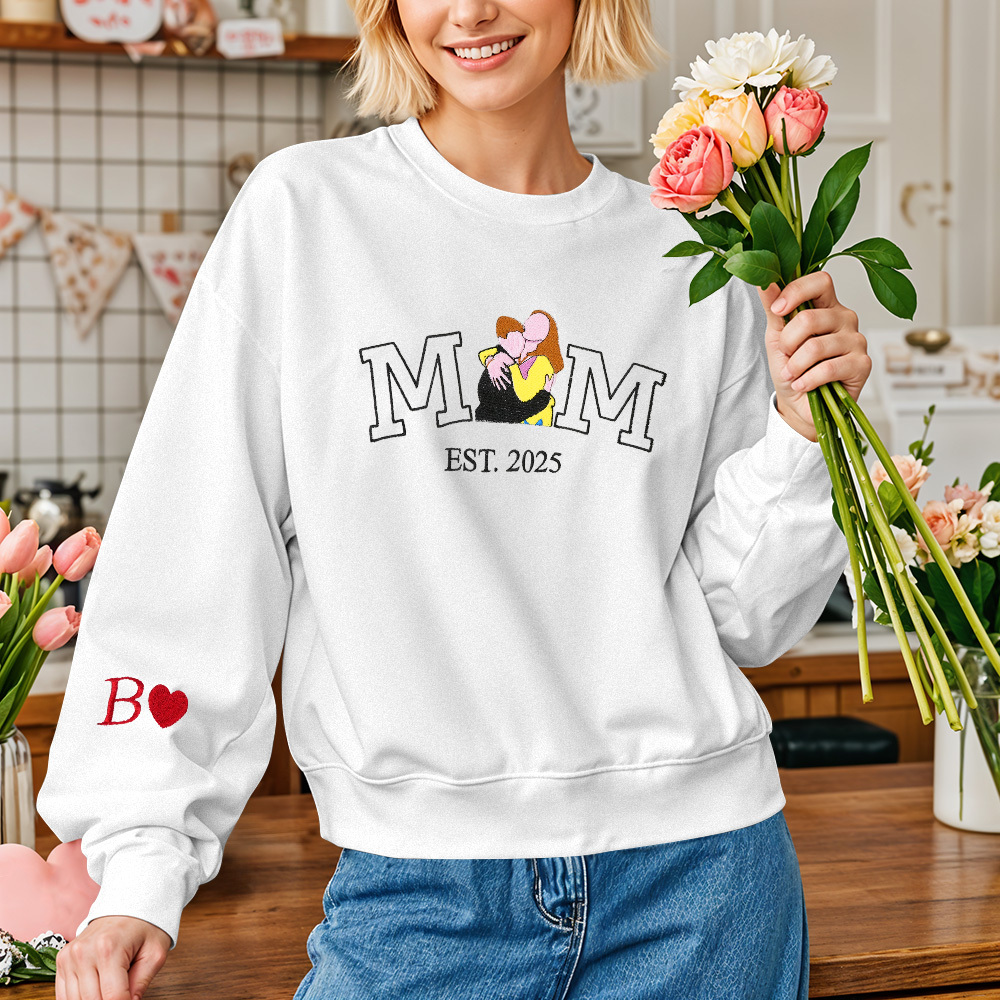 Custom Embroidered Hoodie Mama Sweatshirt with Photo Mama and Kids Portrait Varsity Shirt Mother's Day Gifts