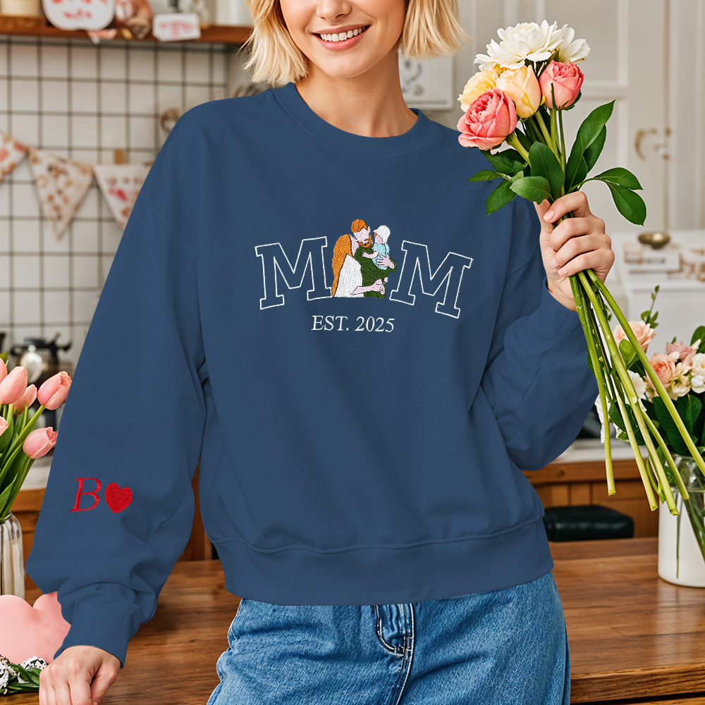 Custom Embroidered Hoodie Mama Sweatshirt with Photo Mama and Kids Portrait Varsity Shirt Mother's Day Gifts