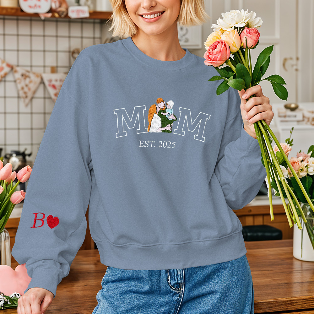 Custom Embroidered Hoodie Mama Sweatshirt with Photo Mama and Kids Portrait Varsity Shirt Mother's Day Gifts
