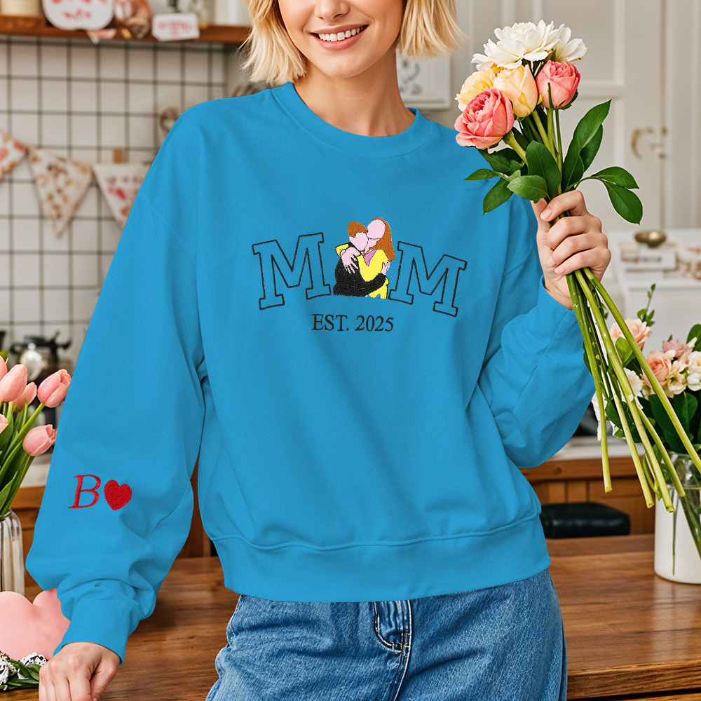 Custom Embroidered Hoodie Mama Sweatshirt with Photo Mama and Kids Portrait Varsity Shirt Mother's Day Gifts