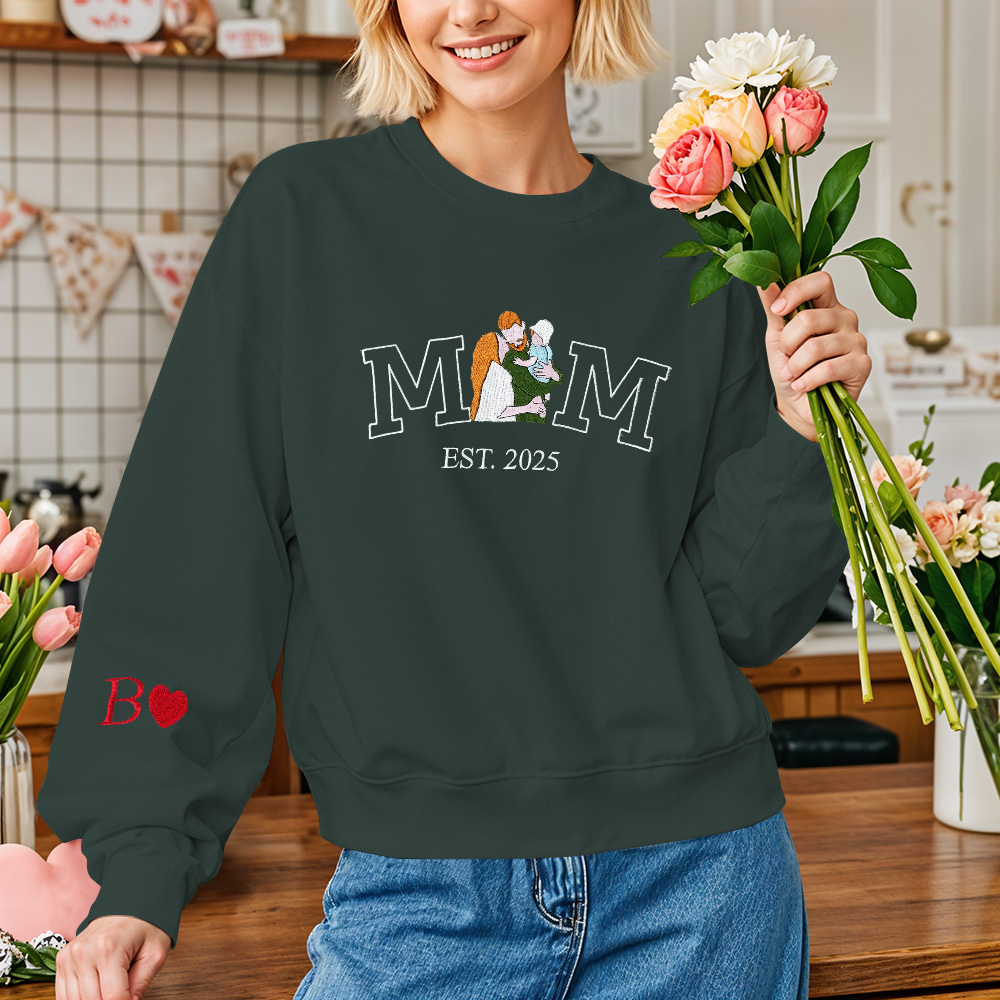 Custom Embroidered Hoodie Mama Sweatshirt with Photo Mama and Kids Portrait Varsity Shirt Mother's Day Gifts