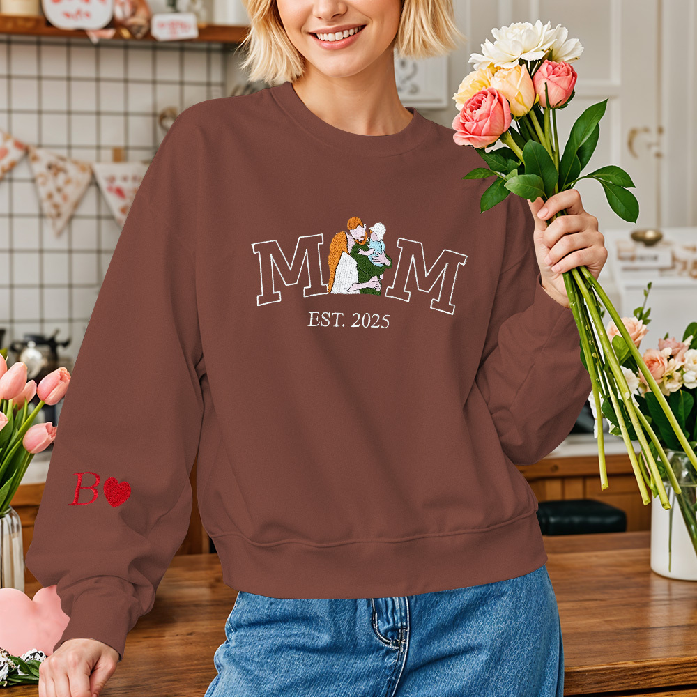 Custom Embroidered Hoodie Mama Sweatshirt with Photo Mama and Kids Portrait Varsity Shirt Mother's Day Gifts