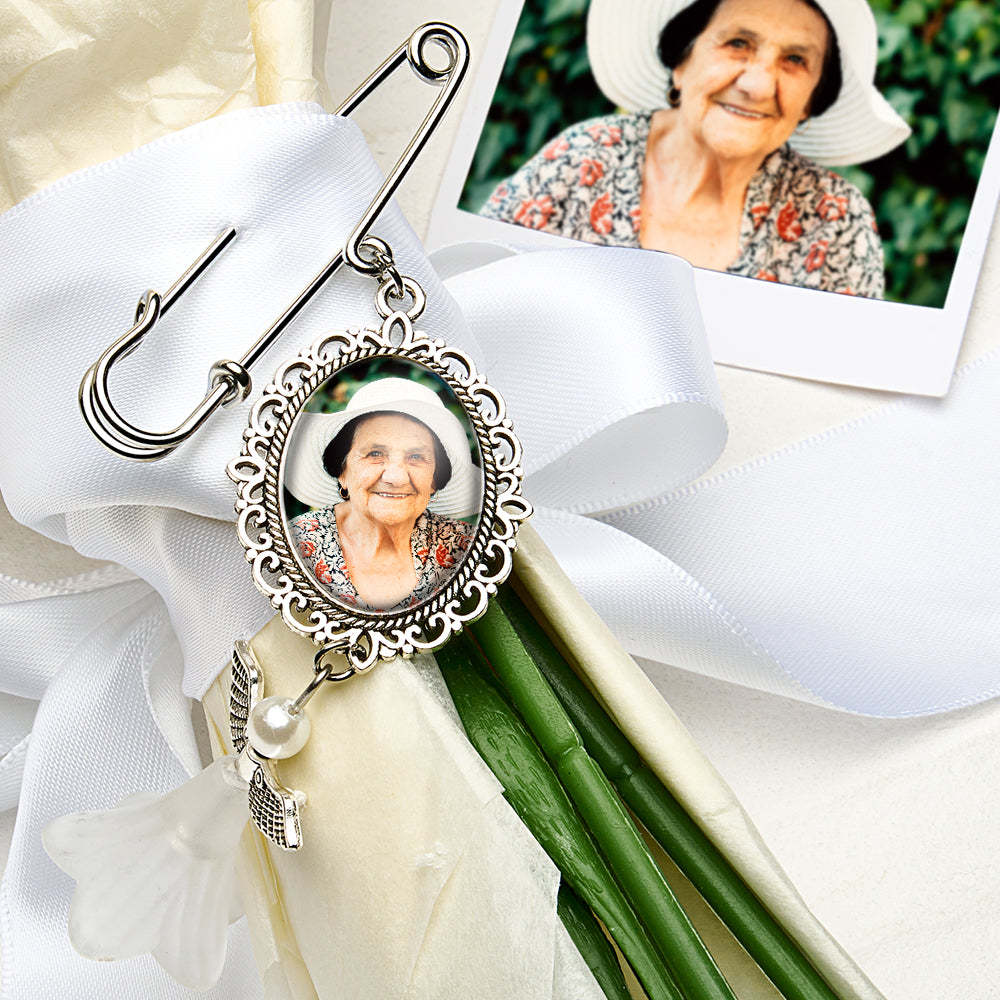 Personalized Angel Wings Pin Brooch Wedding Bouquet Photo Charm Wedding Memorial Gift for Bride - soufeelus