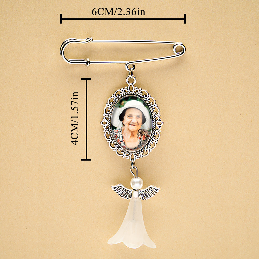 Personalized Angel Wings Pin Brooch Wedding Bouquet Photo Charm Wedding Memorial Gift for Bride detail