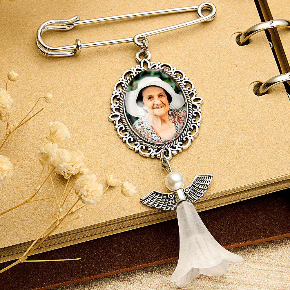 Personalized Angel Wings Pin Brooch Wedding Bouquet Photo Charm Wedding Memorial Gift for Bride - soufeelus