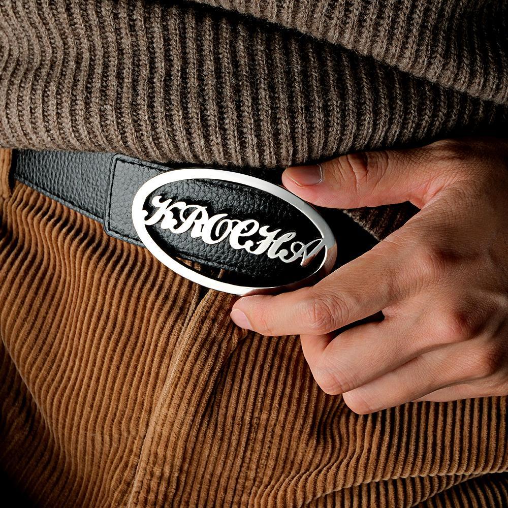 Custom Oval Frame Name Belt Buckle with Free Belt Gift For Him - soufeelus
