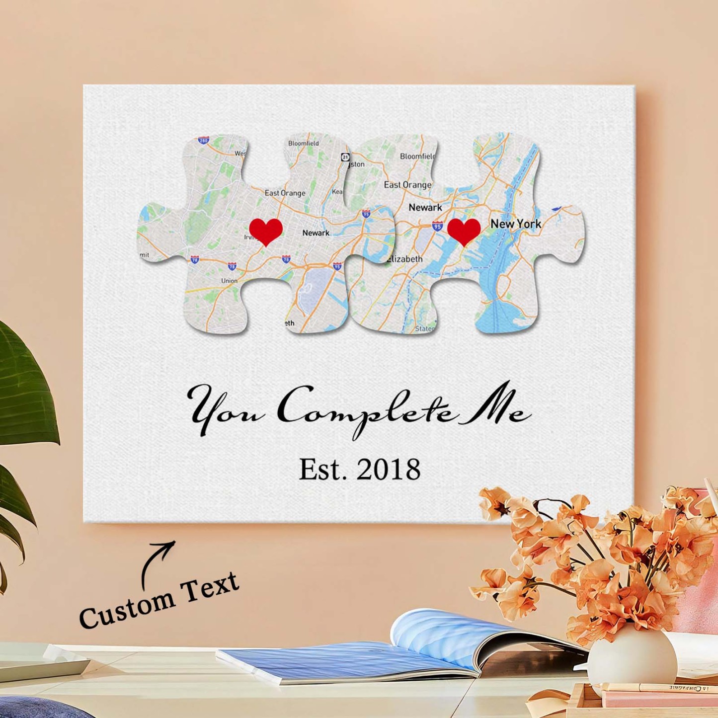 Custom Text and Map You Complete Me Canvas Print Personalized Wall Decor Gift for Couple - soufeelus