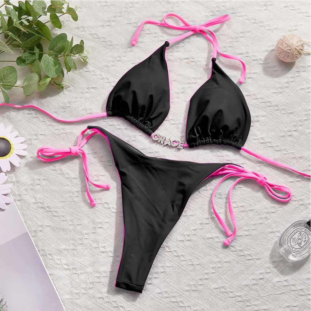 Custom Name Colorful Bikini Sets Personalized DIY Crystal Letters Bikini - soufeelus