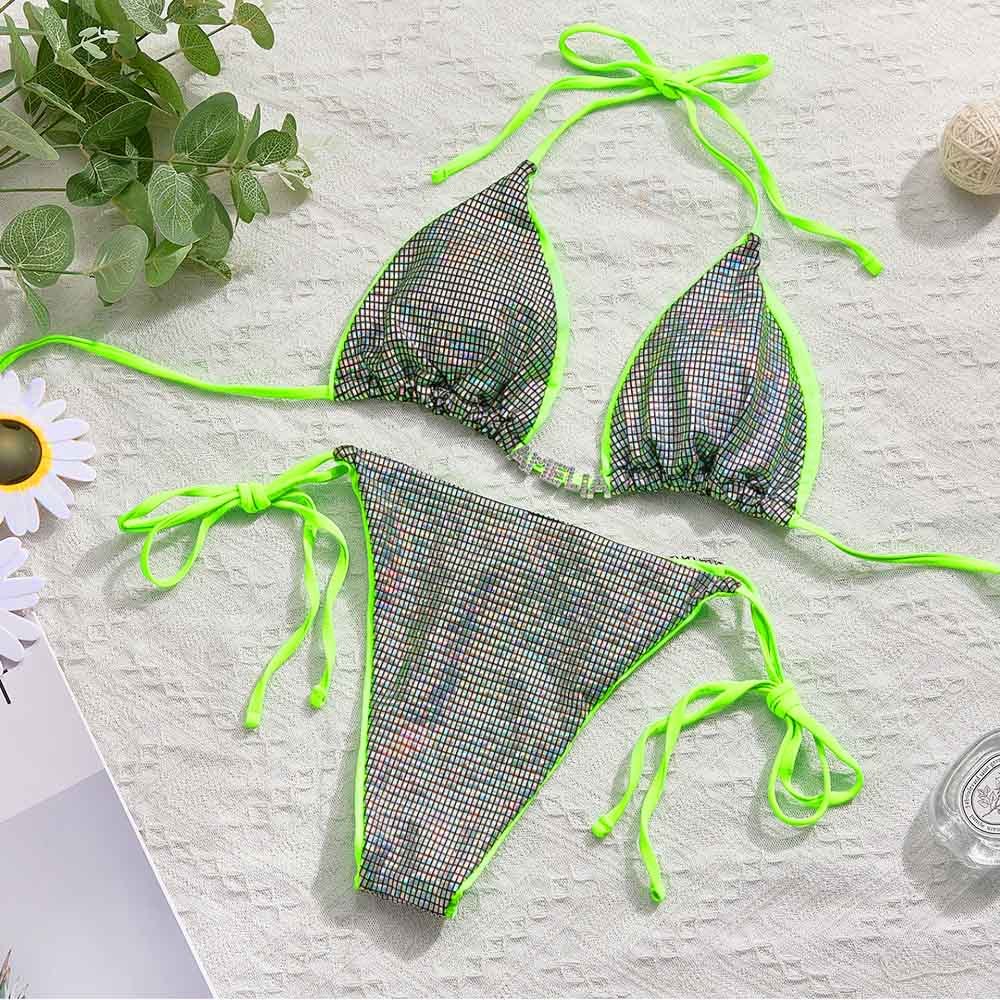 Custom Name Triangle Halter Bikini Sets Personalized Sexy DIY Crystal Letters Bling Bling Bikini - soufeelus