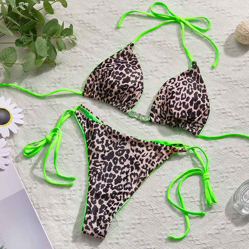 Custom Name Leopard Triangle Halter Bikini Sets Personalized Sexy DIY Crystal Letters Bikini - soufeelus