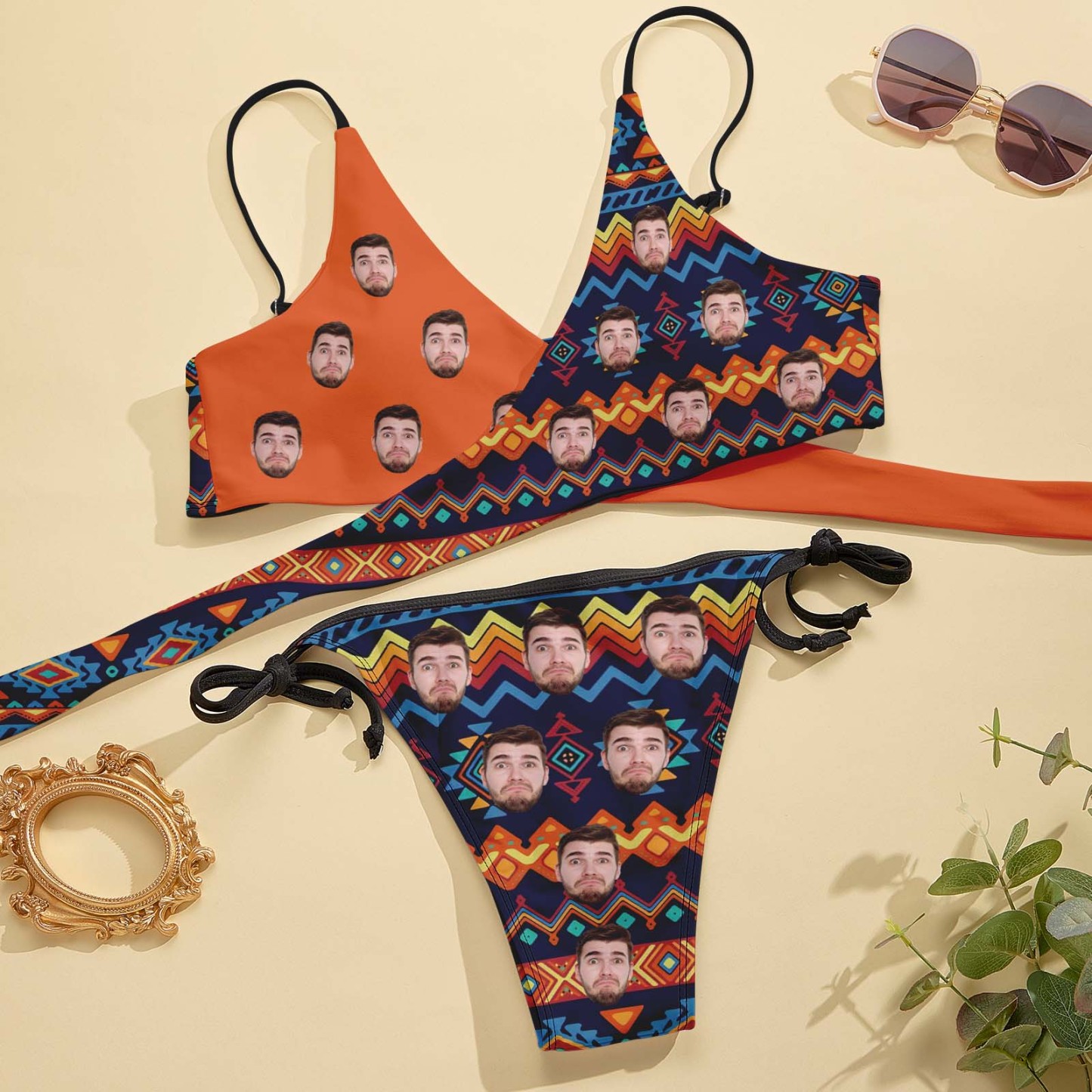 Custom Face Swimwear Personalized Women's Cross Strap Bikini Set For Summer Beach Vacation - soufeelus