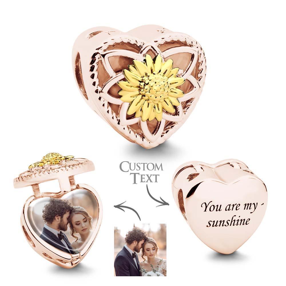 Sunflower Photo Charms Heart Shaped Christmas Charm Bead for Women Mothers Valentines Day Gift - soufeelus