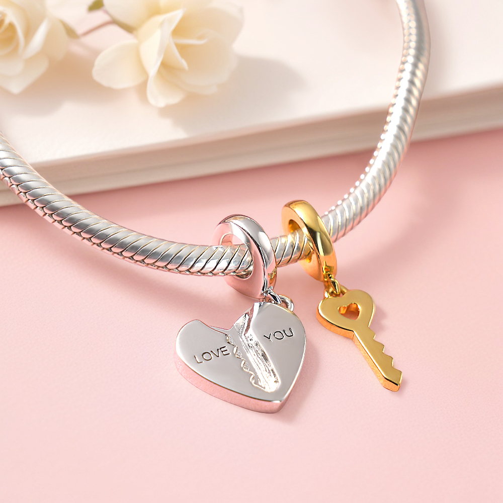 2pc Love You Heart Key Matching Couples Engraving Charm Bracelets or Necklaces - soufeelus