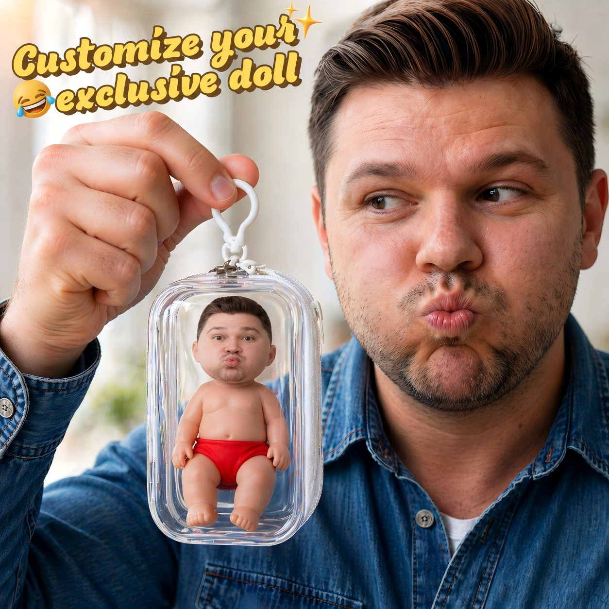 Custom Squishy Stress Relief Doll Keychain – Personalized Face Squeeze Toy Bag Hanging, Soft TPR Sand Filled Fidget Toy, Funny Anxiety Relief Gift