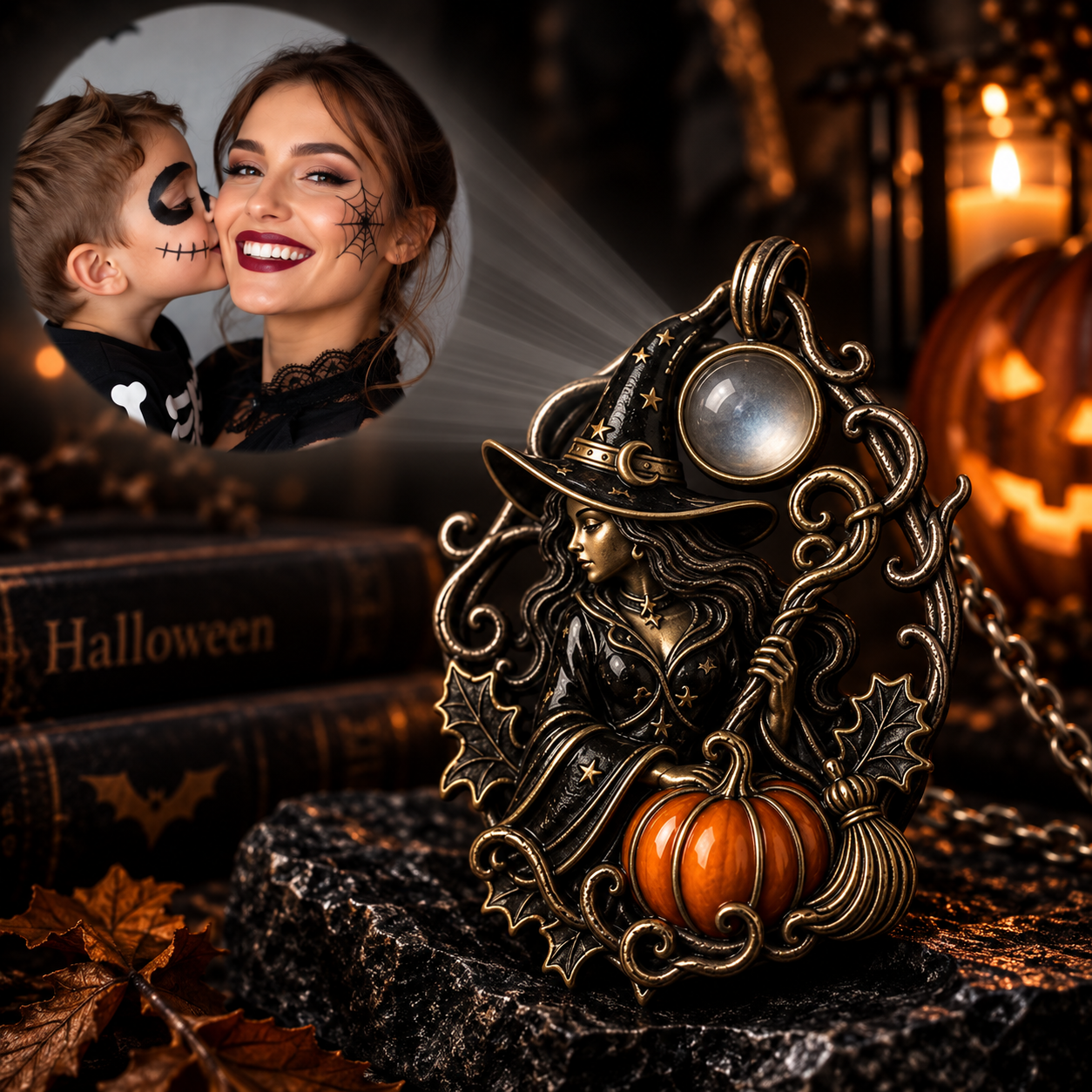 Personalized Photo Projection Bat Pendant – Custom Picture 925 Sterling Silver with Orange Pumpkin, Gothic Vine & Photo Stone detail