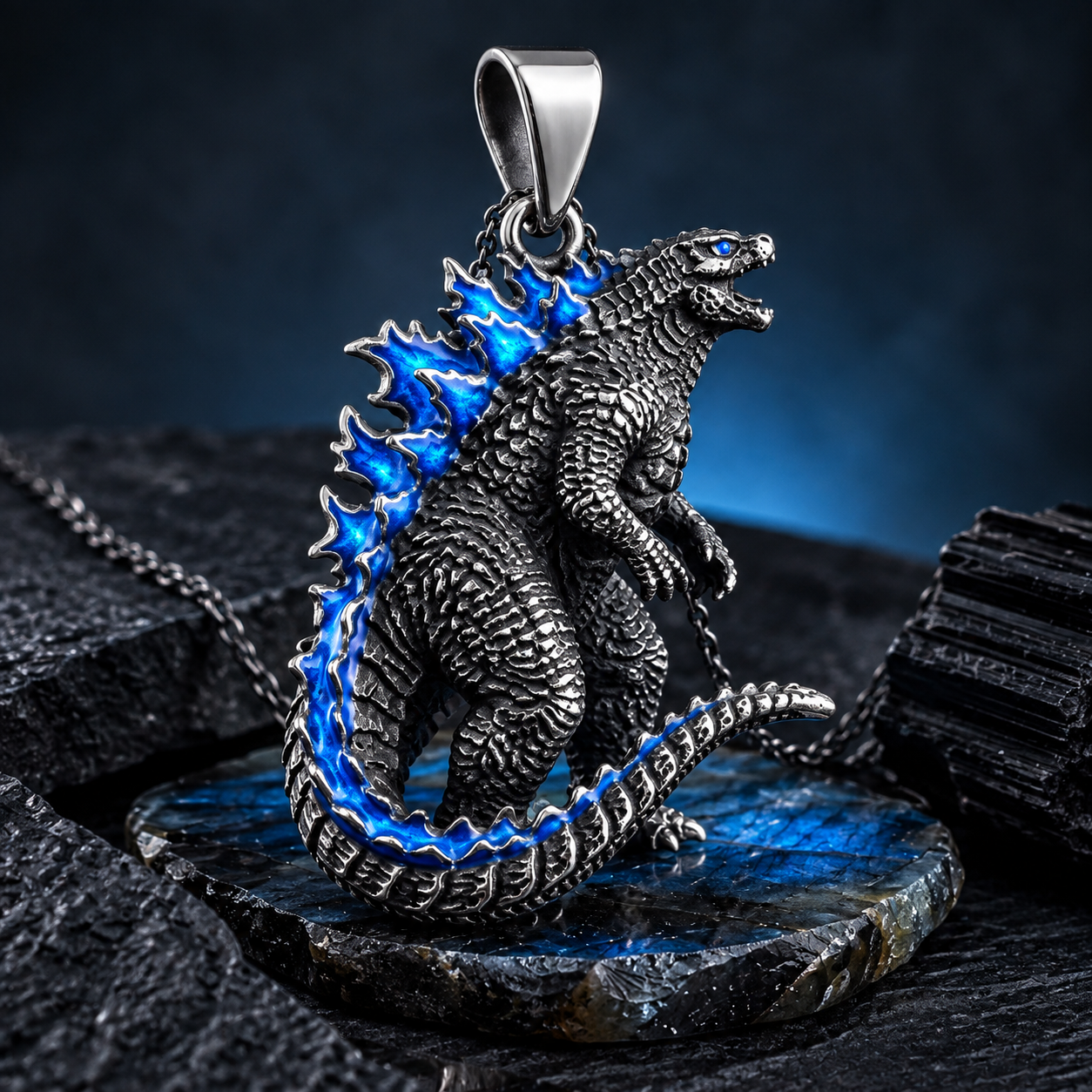 Kaiju Monster Pendant – Sculptural 925 Sterling Silver with Blue Spine & Cold-Glow Enamel