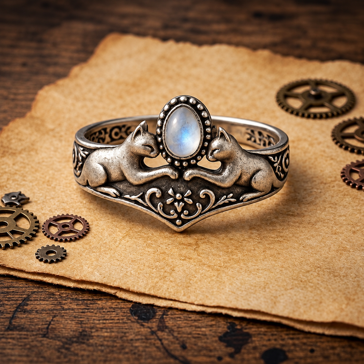 Dual Cat Moonstone Ring – Sculptural 925 Sterling Silver with Gazing Felines, Luminous Moonstone & Botanical Vines