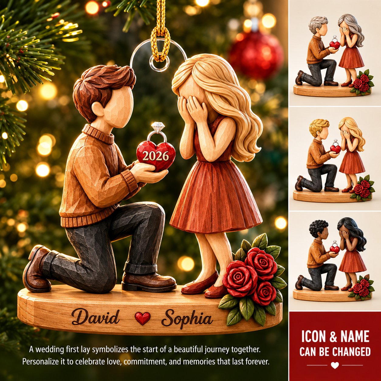 Couple Marriage Proposal Personalized 3D Effect Acrylic Ornament with Names, Custom Engagement Keepsake, She Said Yes Gift for Newly Engaged Couples detail