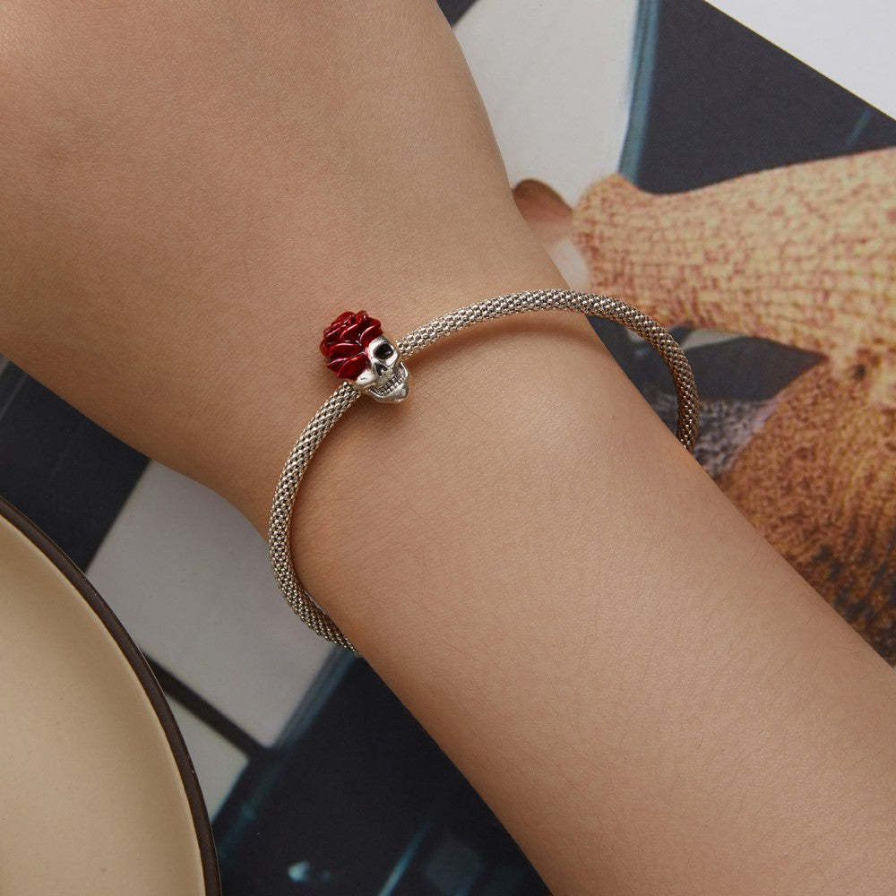 rose skull enamel charm 925 sterling silver halloween gifts dy1379