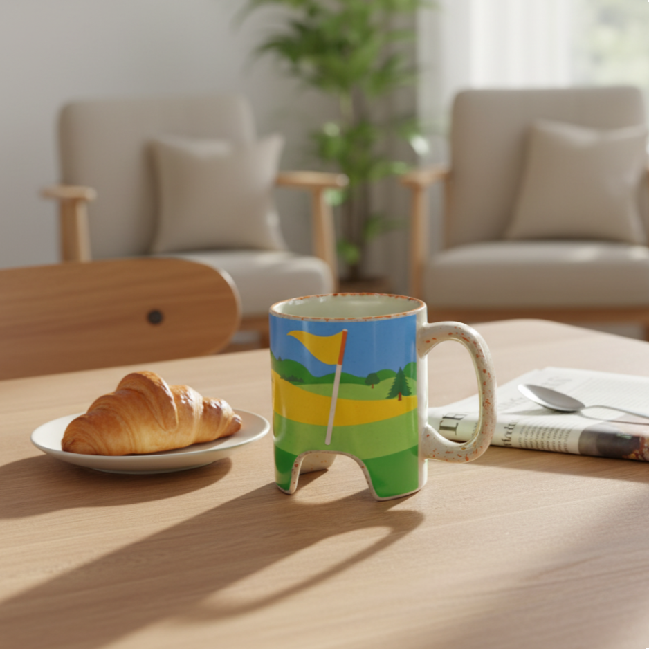 Golf Ceramic Mug with Bridge Hole & Mini Club Stirrer Fun Novelty Coffee Cup with Golf Game Design