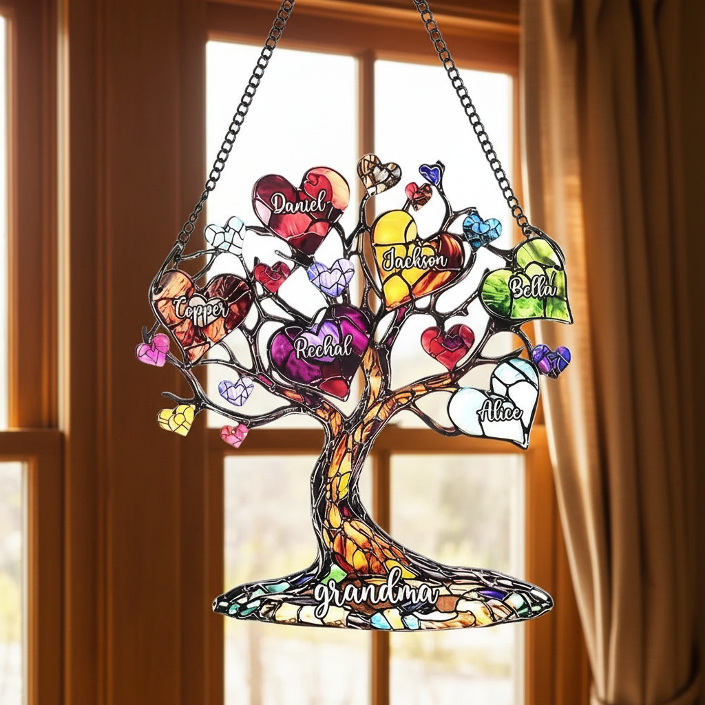 Personalized Glass Art Heart Family Tree Oil Acrylic Ornament with 2-20 Names and Text Home Decor Mother's Day Birthday Gift for Woman Mom Grandma
