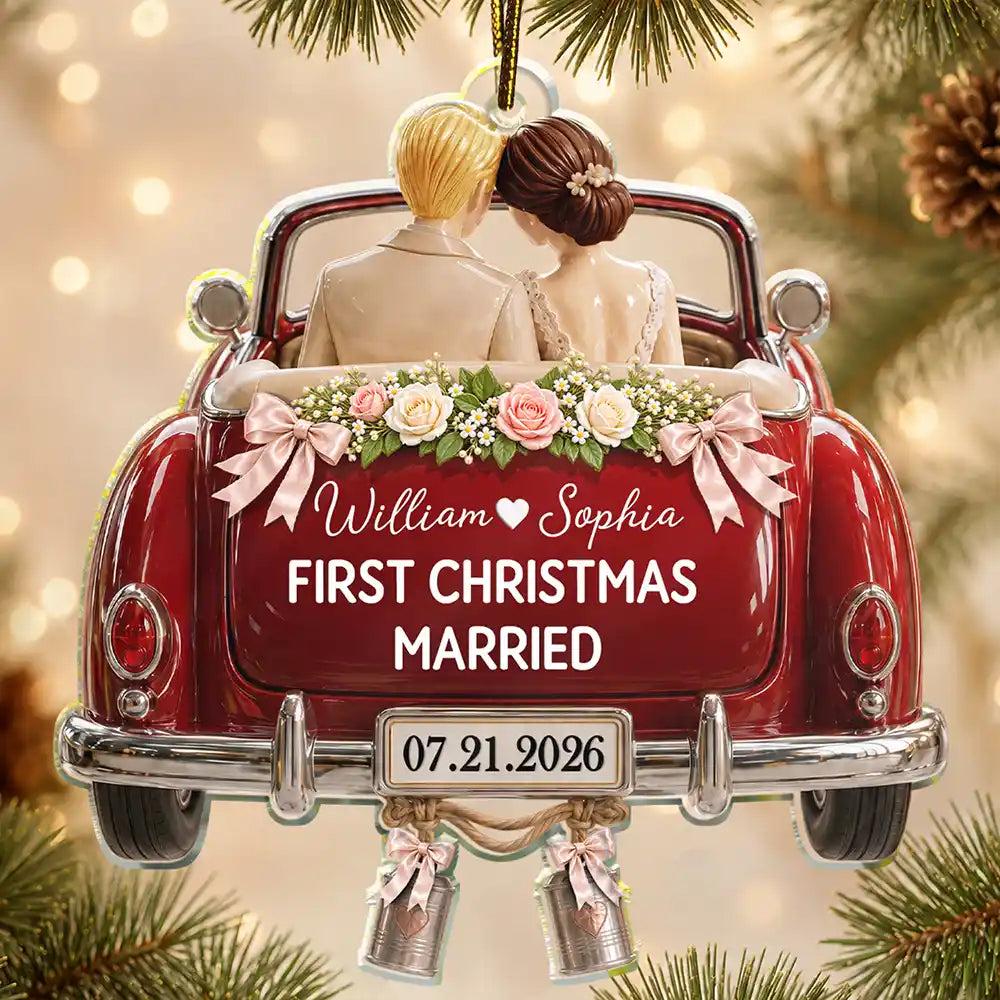 First Christmas as Mr. & Mrs. Personalized Ornament – Custom Wedding Car-Shaped Acrylic Christmas Ornament detail