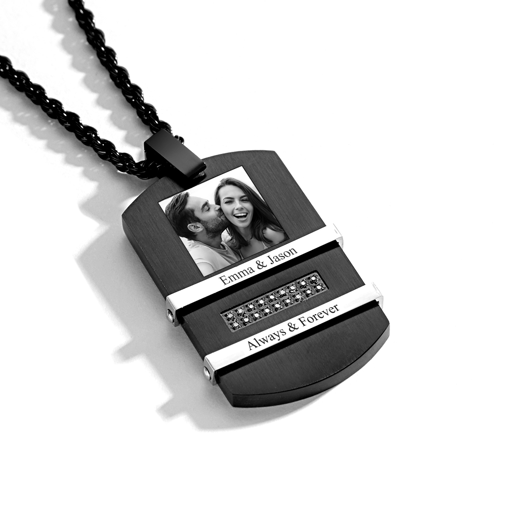 Personalized Men's Black Necklace with Pictures and Calendar inside Customized Necklace with Picture Photo Pendant for Men - soufeelus