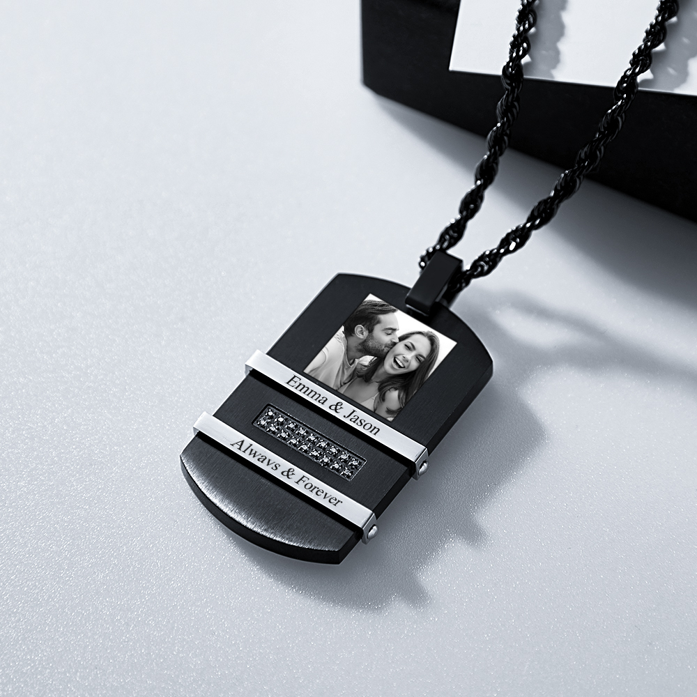 Personalized Men's Black Necklace with Pictures and Calendar inside Customized Necklace with Picture Photo Pendant for Men - soufeelus