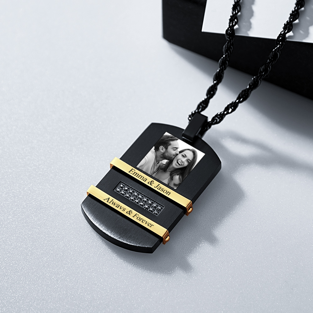 Personalized Men's Black Necklace with Pictures and Calendar inside Customized Necklace with Picture Photo Pendant for Men - soufeelus