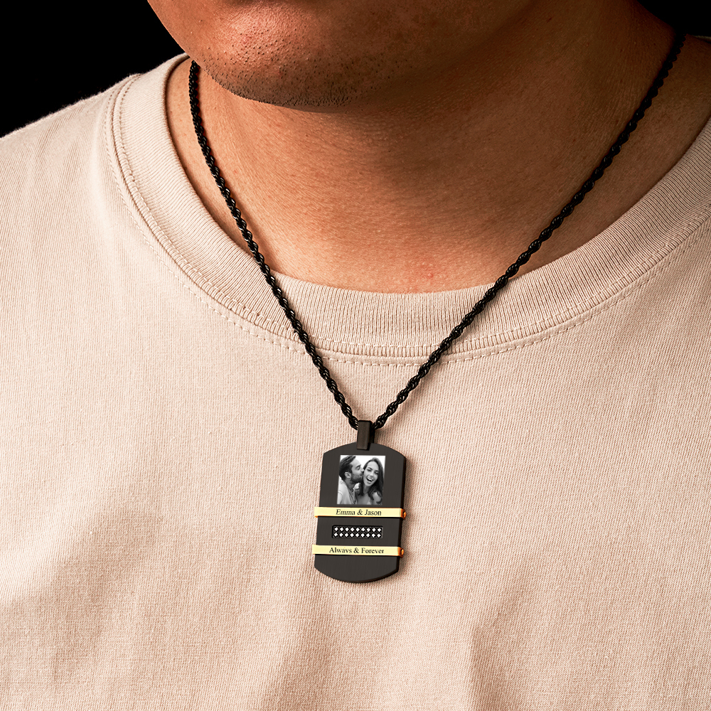Personalized Men's Black Necklace with Pictures and Calendar inside Customized Necklace with Picture Photo Pendant for Men - soufeelus