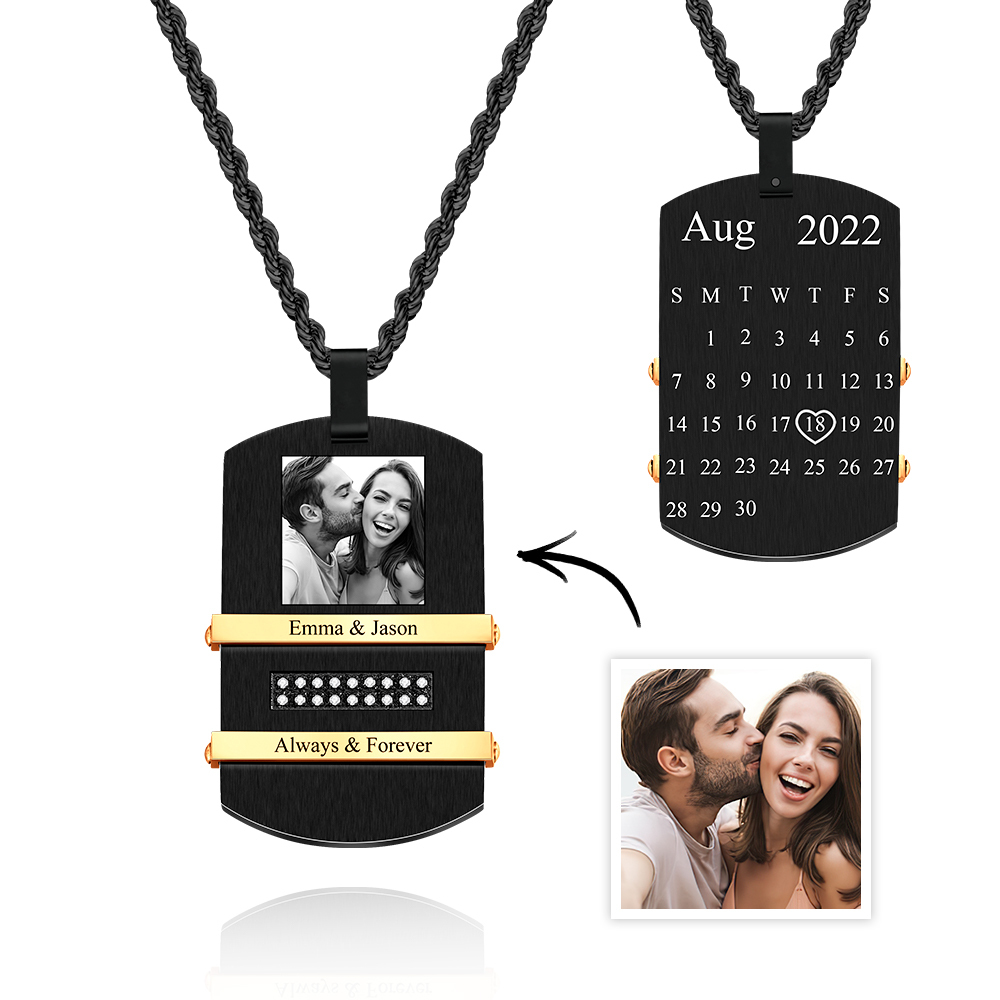 Personalized Men's Black Necklace with Pictures and Calendar inside Customized Necklace with Picture Photo Pendant for Men - soufeelus