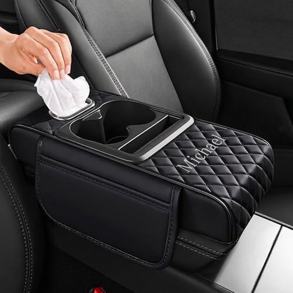Custom Name 5 in 1 Nappa Leather Console Armrest Cover, Black | Built-in cup holder, tissue slot, phone holder & 2 storage pockets, practical car accessories fit SUV sedan truck