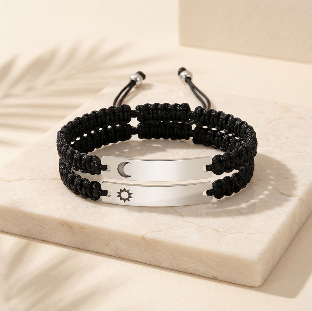 Personalized Sun & Moon Couple Bracelets – Custom Engraved Woven Bracelets for Couples, Matching Relationship Gift detail