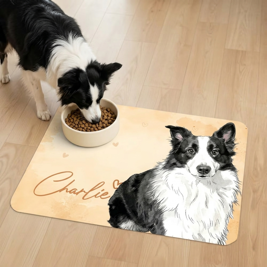 Custom Pet Portrait Feeding Mat – Personalized Waterproof Pet Food Mat with Name & Rubber Backing