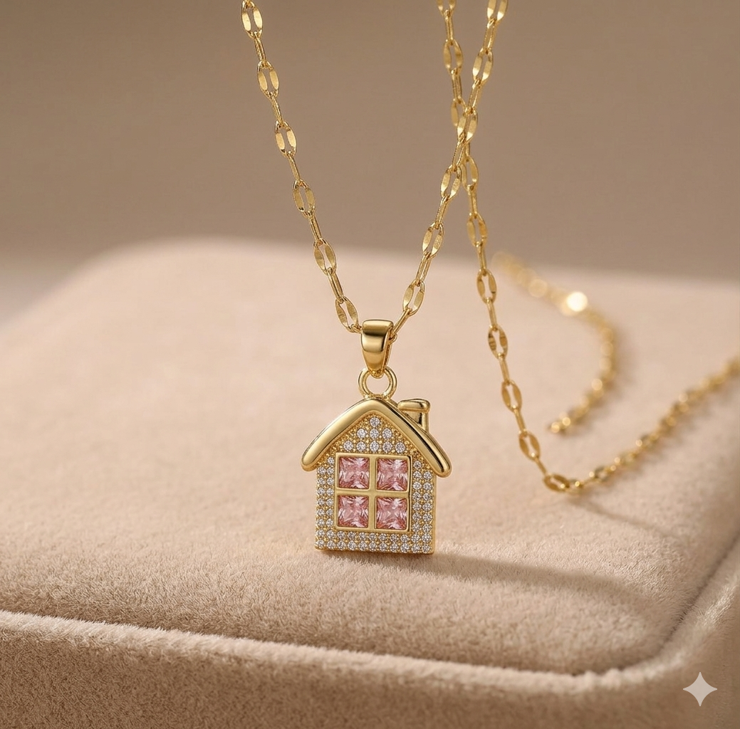 Tiny Gold House Pendant Necklace - Dainty Sparkling Cottage Charm Jewelry for Women - Minimalist New Home Gift