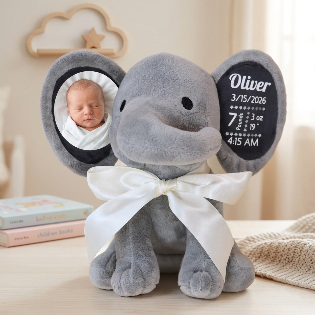 Personalized Photo & Birth Stats Elephant Plush