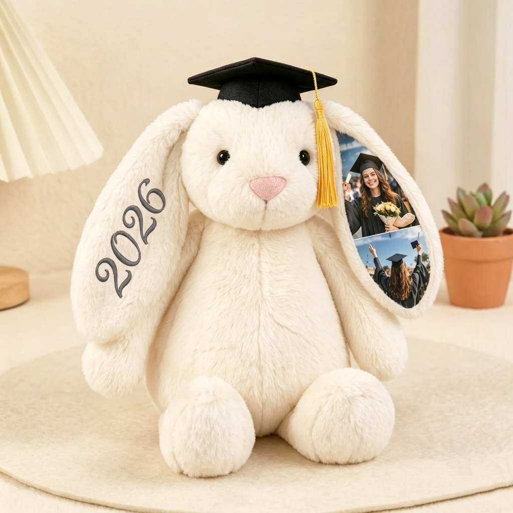 Custom Photo Bunny Plush, Personalized Hidden Ear Memory Bunny with Graduation Cap, Class of 2026 Gift