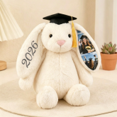 Custom Photo Bunny Plush, Personalized Hidden Ear Memory Bunny with Graduation Cap, Class of 2026 Gift