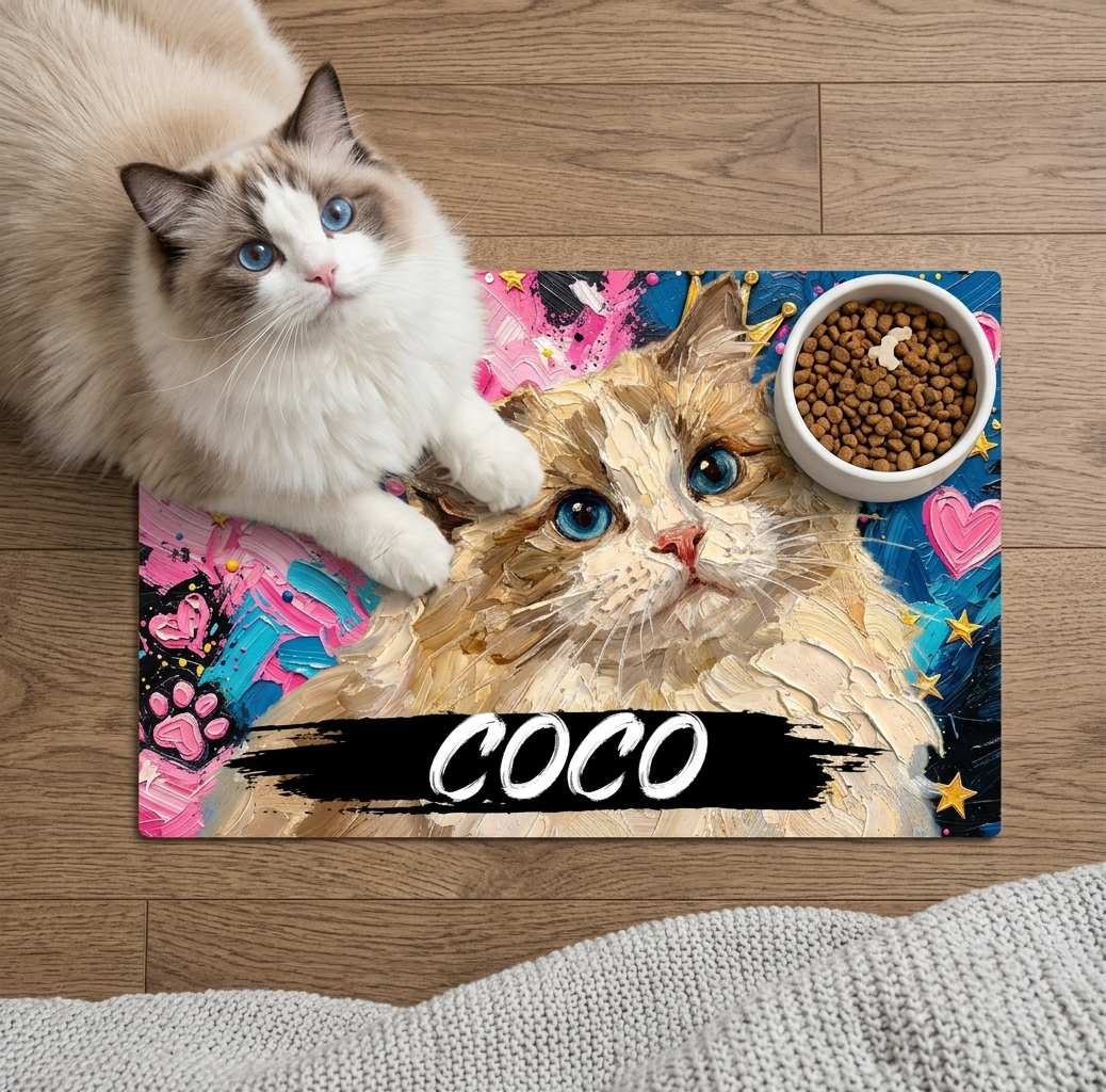 Personalized Pet Feeding Mat | Custom Pet Photo Portrait with Name, Crown Oil Painting Style Placemat 商品缩略图