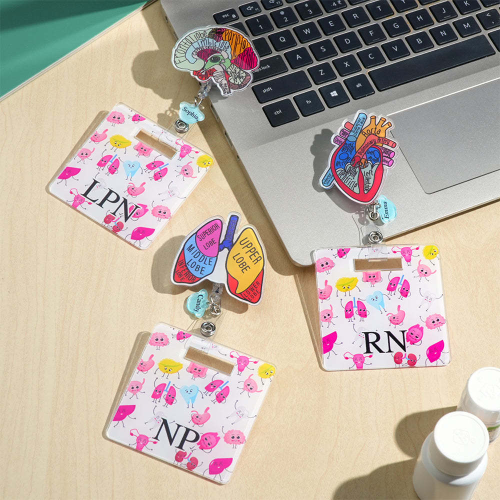 Personalized Anatomical Heart Brain Lungs Badge Reel Charm Retractable Badge Gift for Nurse Doctor - soufeelus