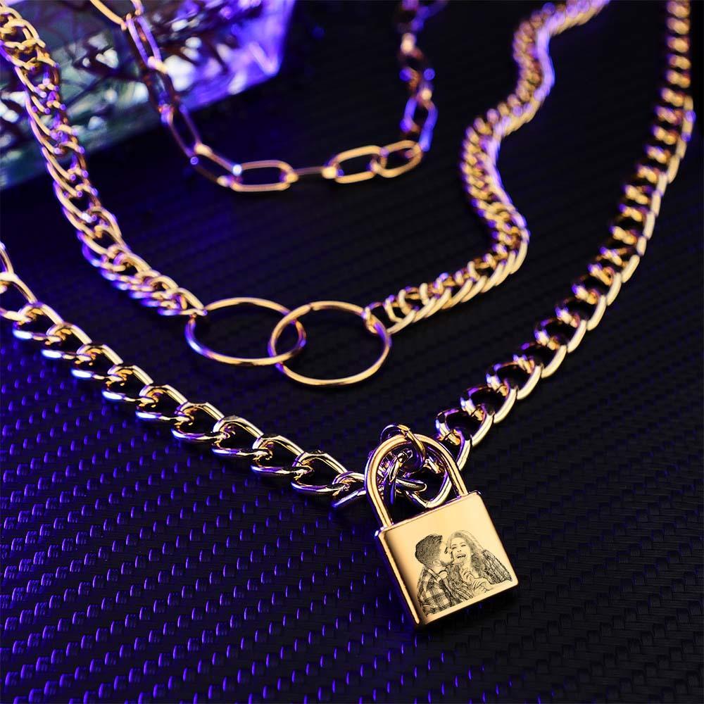 Triple Chain Set Personalized Photo Necklace with Lock - soufeelus