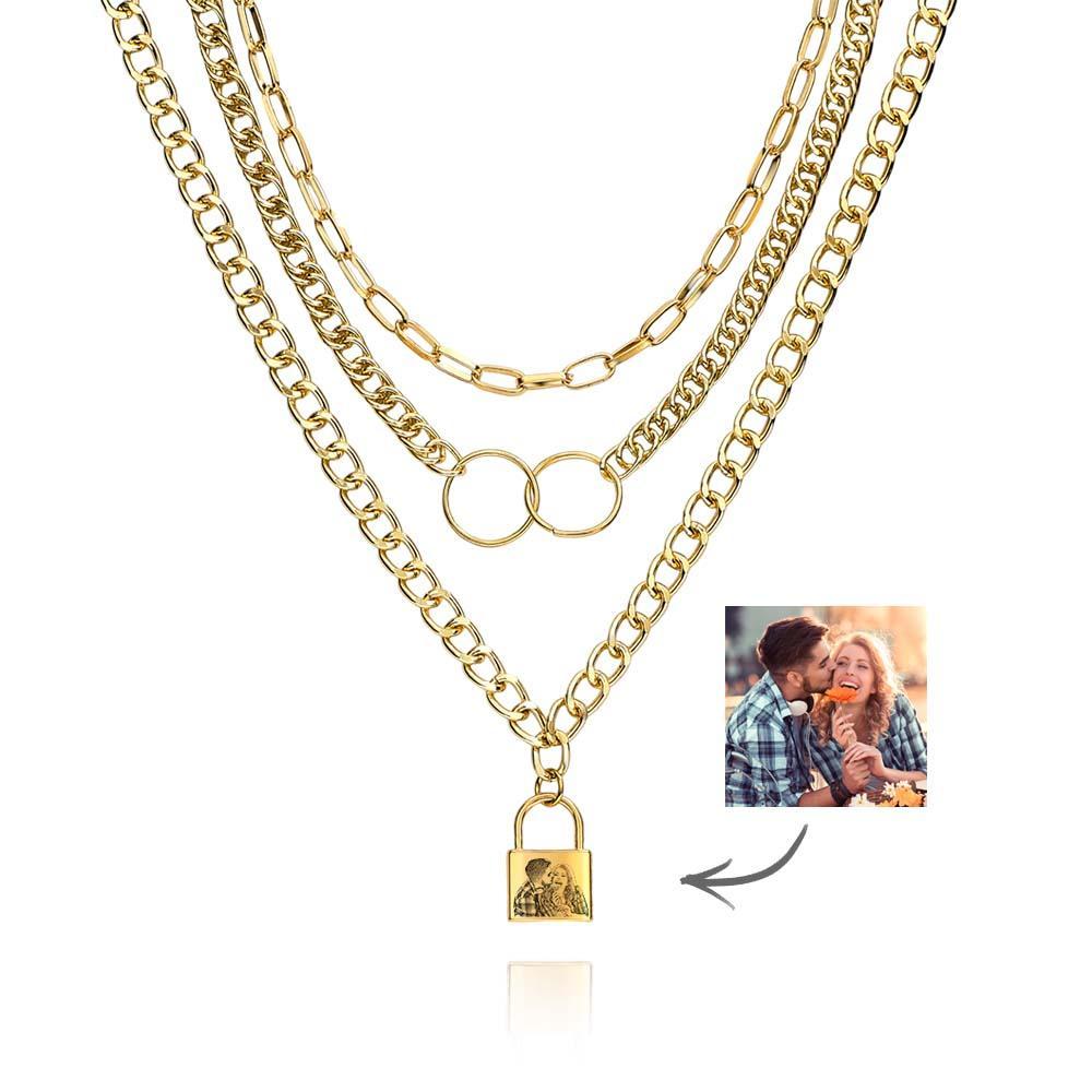 Triple Chain Set Personalized Photo Necklace with Lock - soufeelus