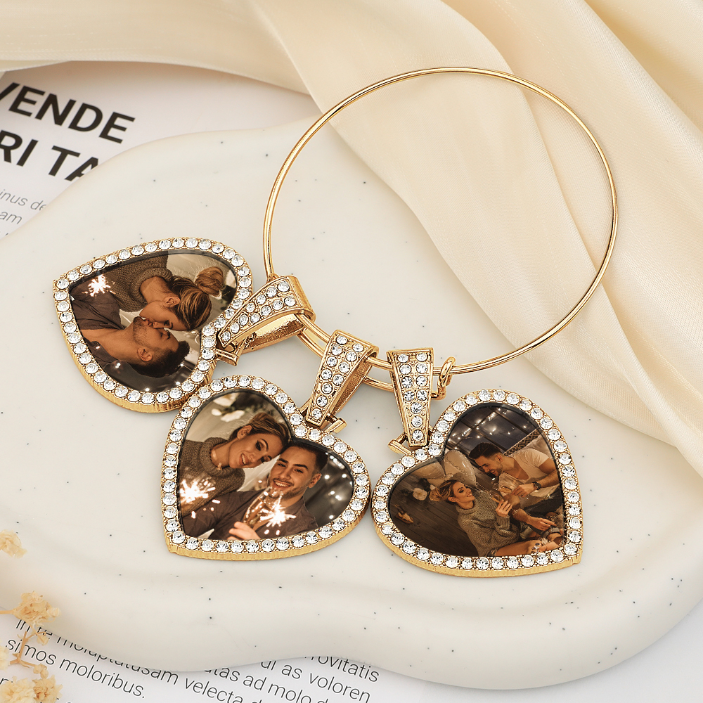 Hearts Photo Bangle Bracelet 3 Charms Custom Bracelet Gift For Her