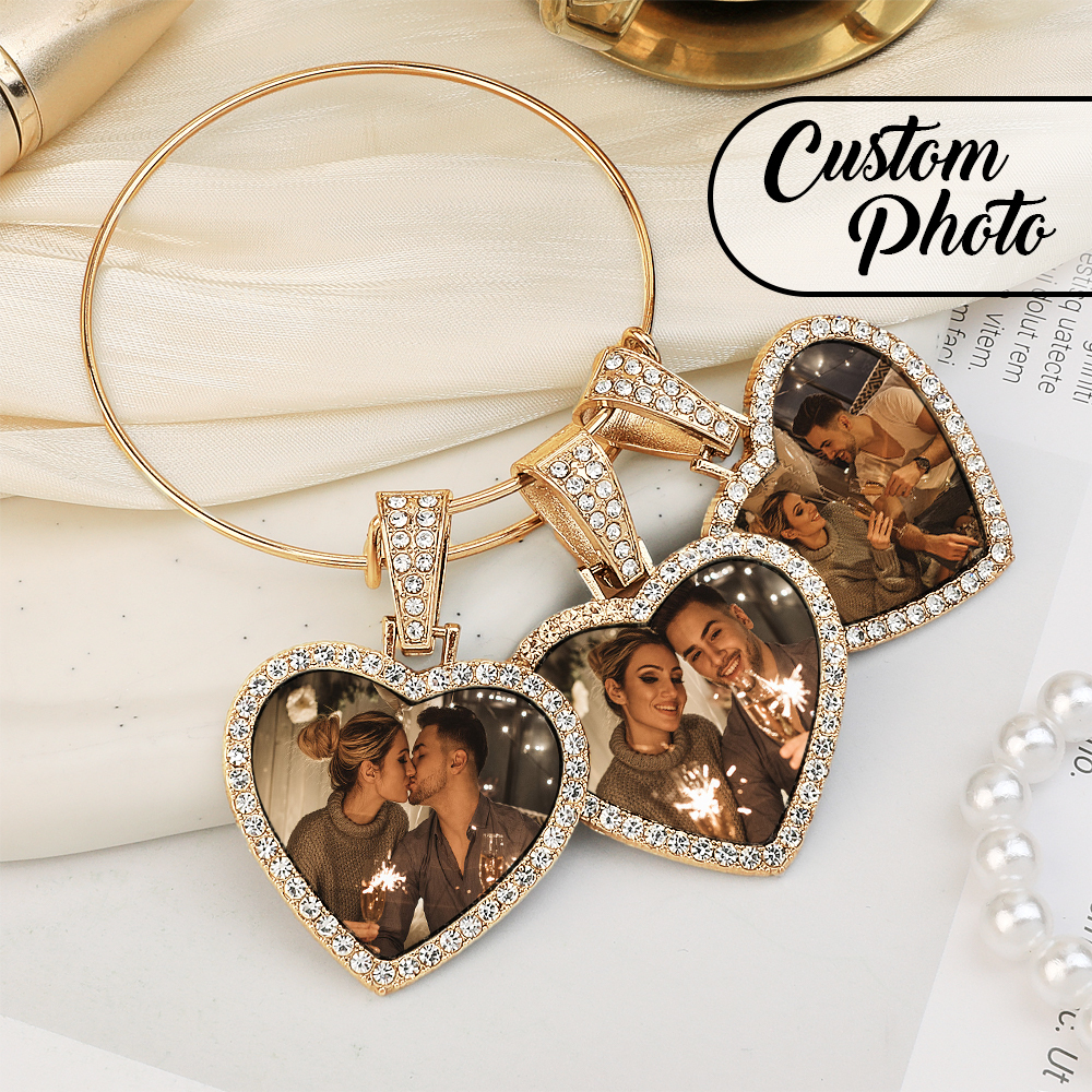 Hearts Photo Bangle Bracelet 3 Charms Custom Bracelet Gift For Her