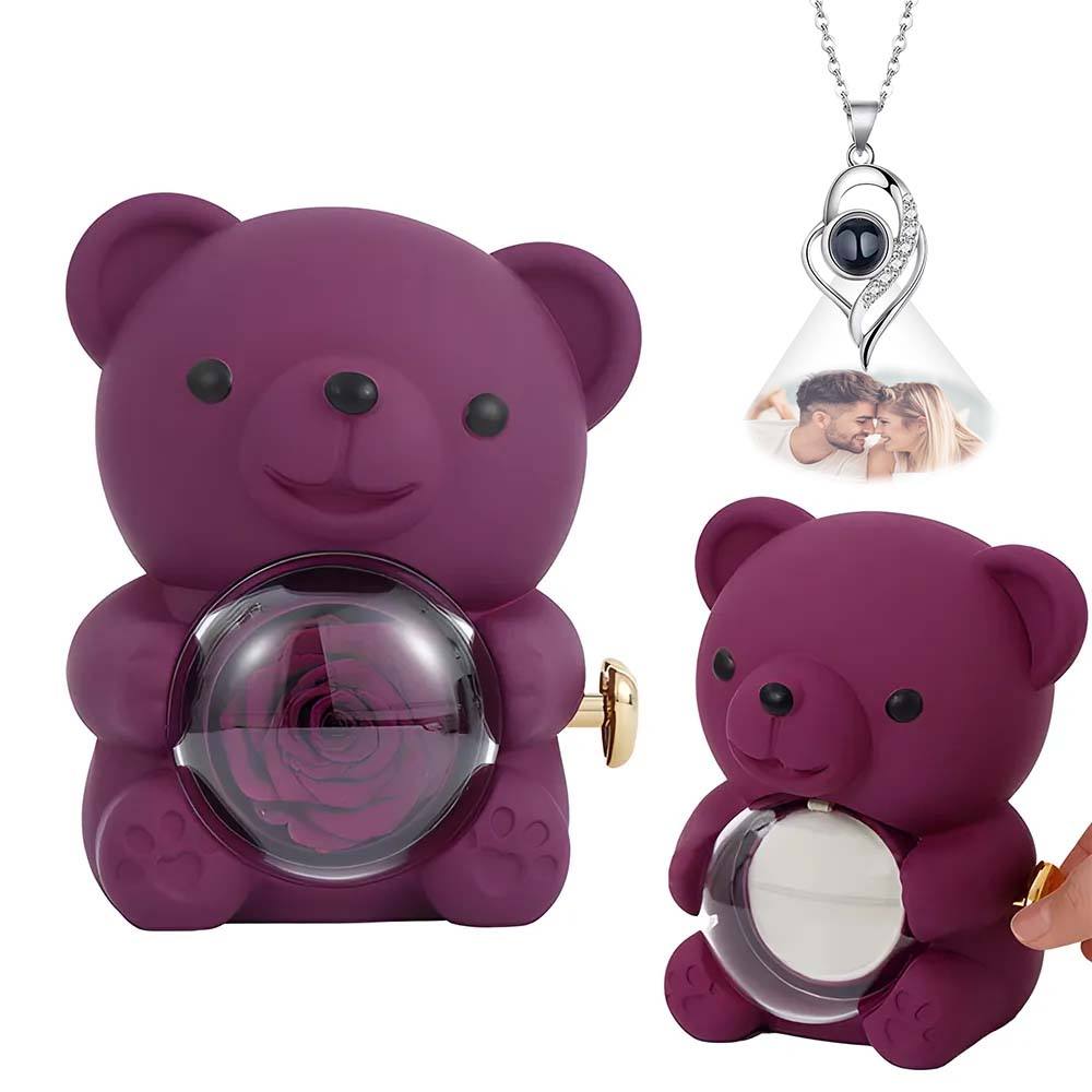Custom Photo Projection Necklace with Real Rose Bear Gift box Rose Shaped Necklace Gift Box Jewellery Gift Box - soufeelus
