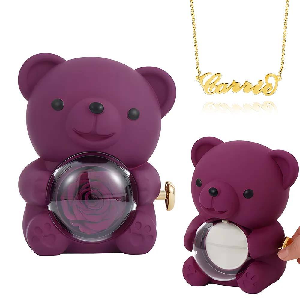 Custom Name Necklace with Real Rose Bear Gift box Rose Shaped Necklace Gift Box Jewellery Gift Box - soufeelus