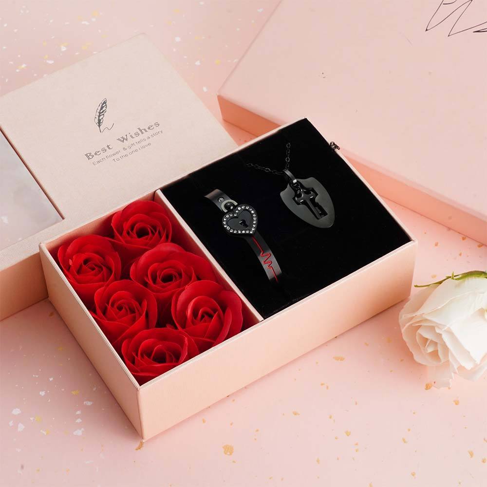 Custom Projection Couple Bracelets & Necklace with Real Rose Bear Gift box Rose Shaped Necklace Gift Box Jewellery Gift Box